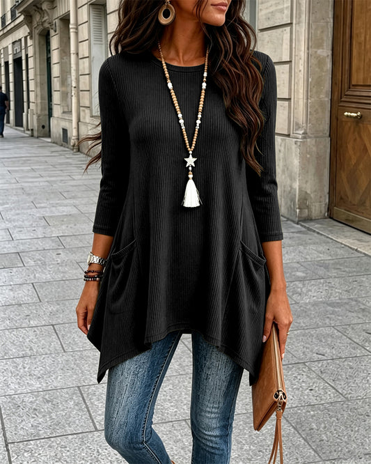 Women's Ribbed Asymmetrical Hem Top Crewneck Three Quarters Sleeve A-Line Casual Top