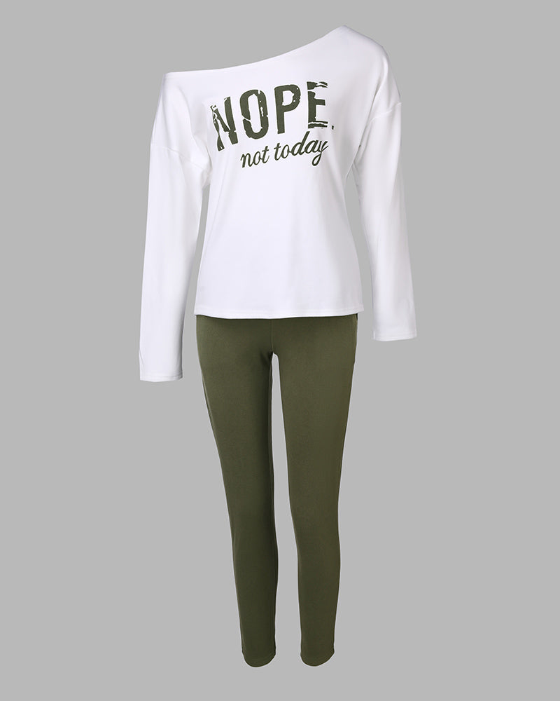 2 Pieces Outfit Nope. Not Today Slogan Print Skew Neck Long Sleeve Pullover Top And Casual Drawstring Stretchy Waist Slim Fit Pants Set