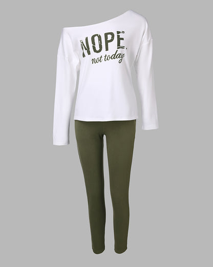 2 Pieces Outfit Nope. Not Today Slogan Print Skew Neck Long Sleeve Pullover Top And Casual Drawstring Stretchy Waist Slim Fit Pants Set