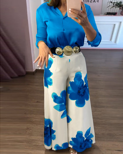 2 Pieces Outfit Long Sleeve Satin Blouse and Casual Floral Print High Waist Wide Leg Pants Set