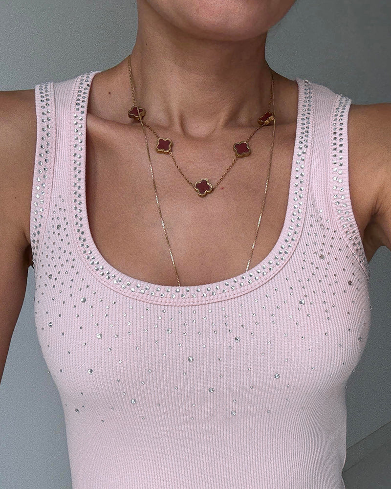 Rhinestone Decor U-Neck Sleeveless Slim Fit Ribbed Tank Top