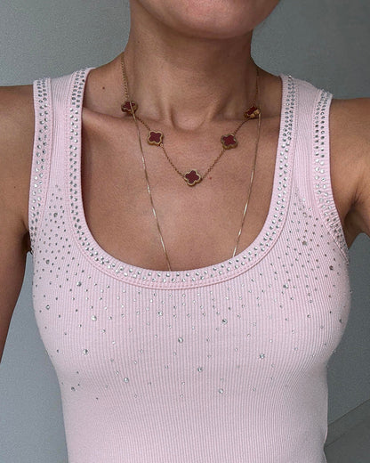 Rhinestone Decor U-Neck Sleeveless Slim Fit Ribbed Tank Top
