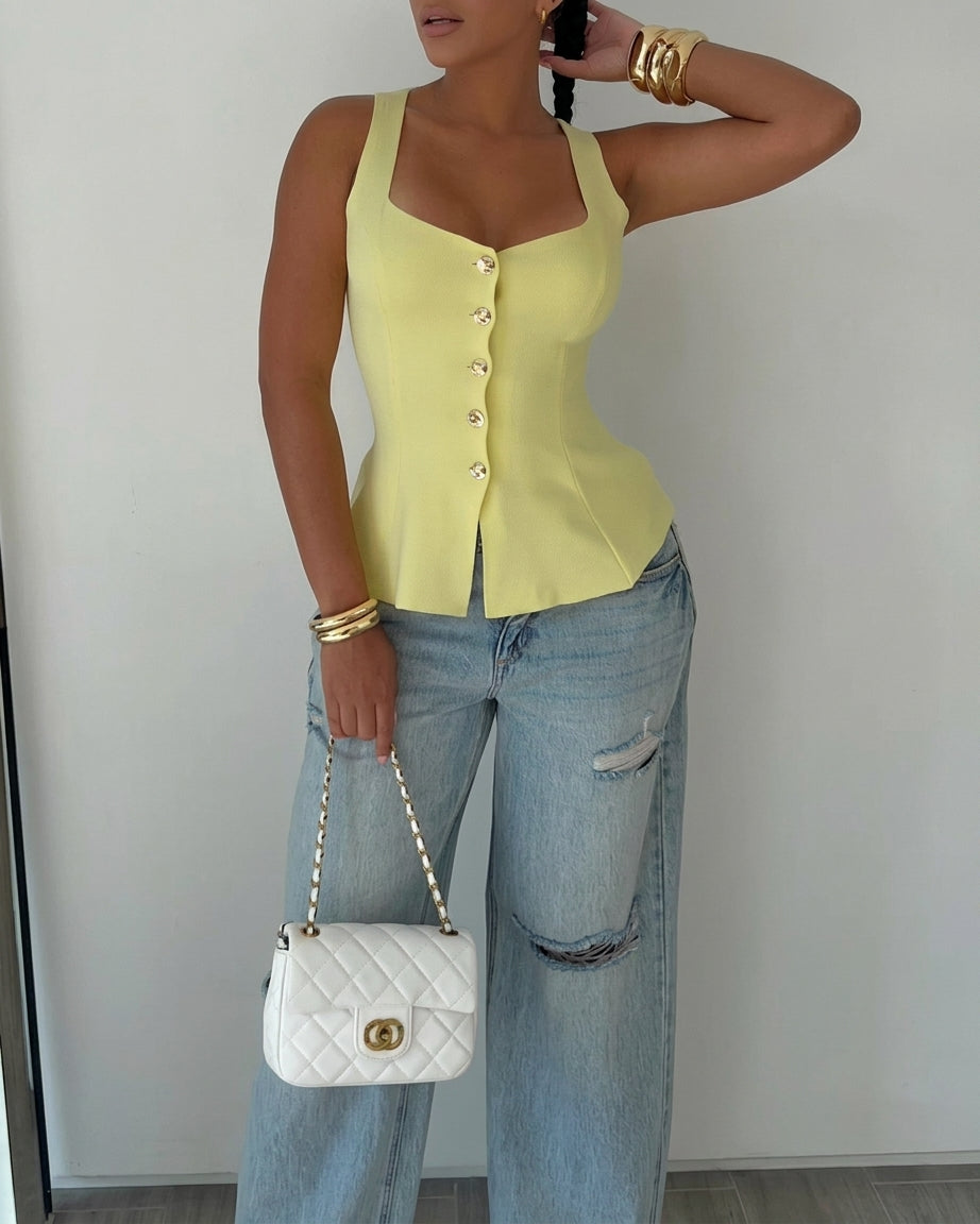 Women's Square Neck Knit Tank Top Gold Button Cinch Waist Peplum Vest