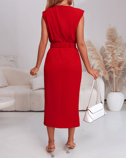 Round Neck Sleeveless Waist Ruched Slit Dress