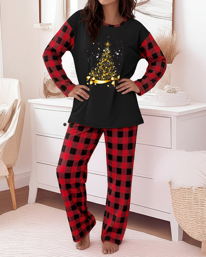 2 Pieces Outfit Christmas Tree Print Plaid Print Spliced Long Sleeve Top and Plaid Print Elastic Waist Pants Set Casual Pajamas Set