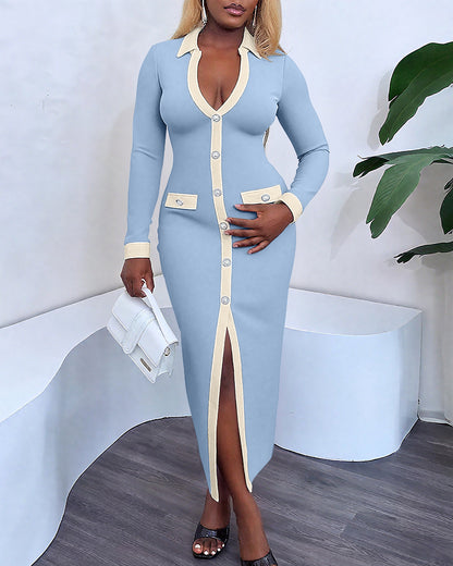 Pearls Button Decor Contrast Paneled Turn-down Collar Slit Front Dress Zipper Side Flap Detail Slim Fit Commuting Dress