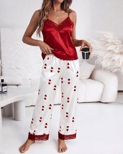 Women's Lace Trim Satin Pajama Set V Neck Cami Top and Heart Print Straight Leg Pants Casual Sleepwear Loungewear