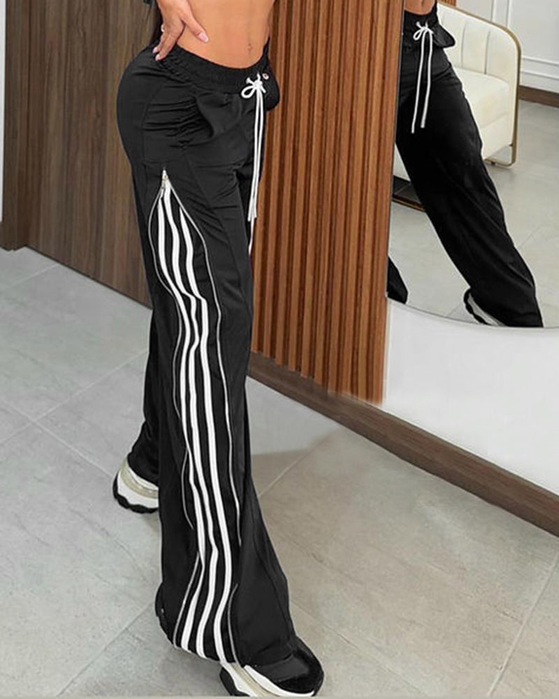 Contrast Side Striped & Zipper Slit Side Drawstring Elastic Waist Trousers Casual Wide Leg Pants