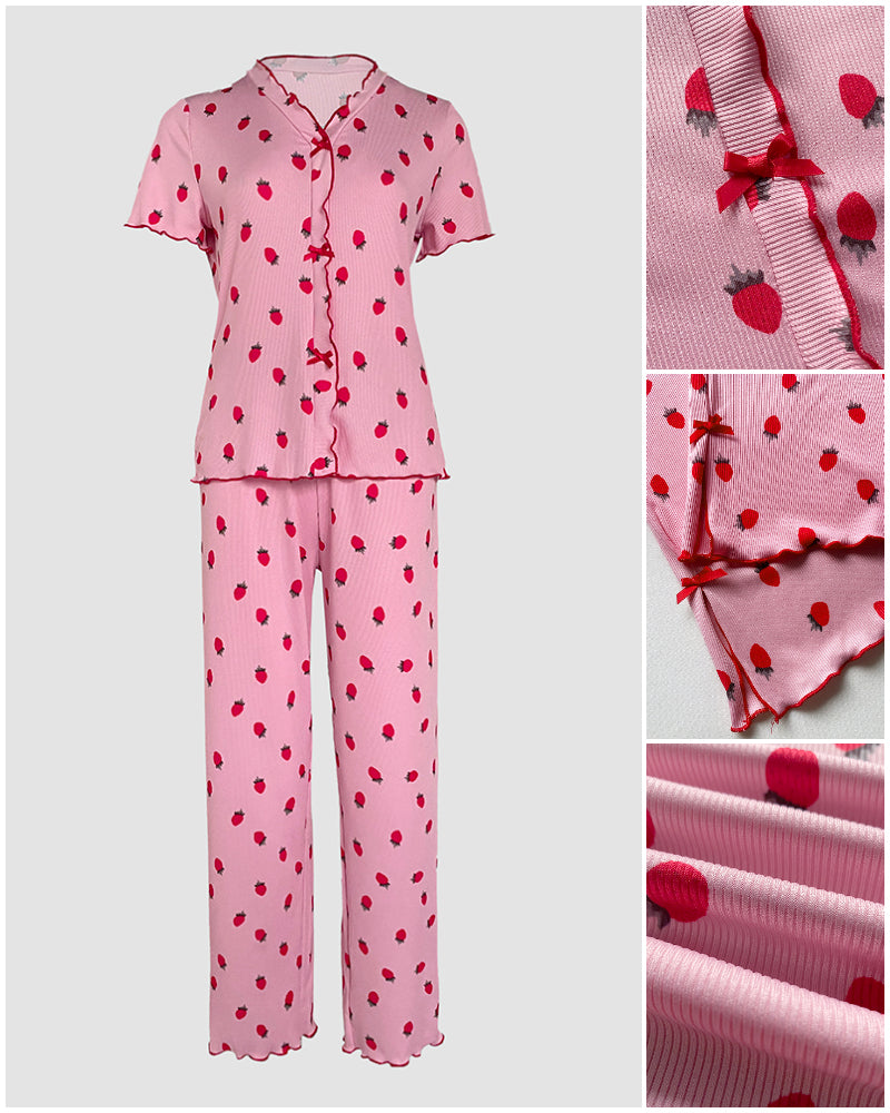 2 Pieces Outfit Strawberry Print Stand Collar Short Sleeve T-shirt and Pants Pajamas Set