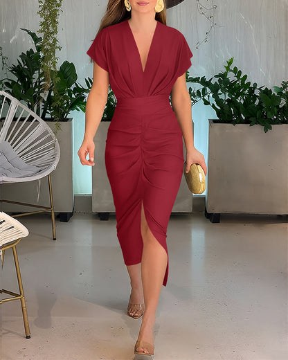 Deep V-Neck Ruched Slit Front Dress Cinched Waist Slim Fit Mid-length Dress