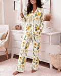 Women's Floral 2 Piece Pajamas Set Long Sleeve Button Down Notched Collar Top and Straight Leg Pants Casual Loungewear