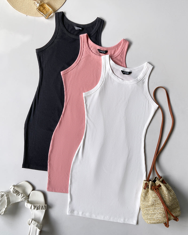 Scoop Neck Sleeveless Tank Dress Minimalist Ribbed Bodycon Dress