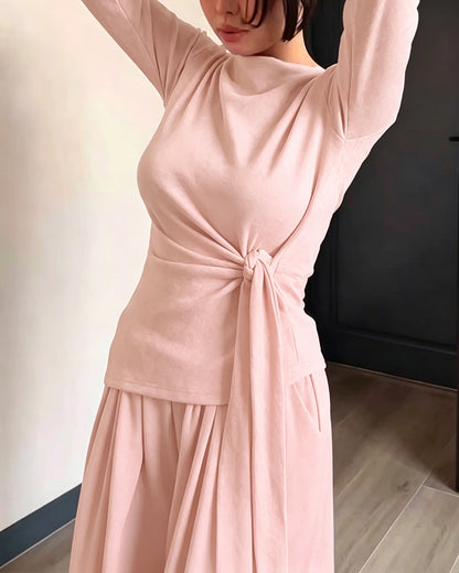 Women's 2 Piece Knit Lounge Set Long Sleeve Tie Waist Top and High Waisted Wide Leg Pants Casual Soft Sweatsuit with Pockets