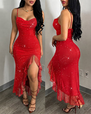 Vestido de tirantes de malla con purpurina para mujer, escote drapeado, abertura y corte sirena, espalda descubierta, bajo de volantes y sujetador incorporado, ideal para fiestas