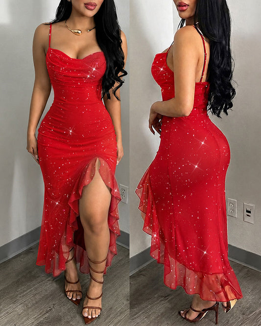 Women's Glitter Mesh Cami Dress Cowl Neck Slit Mermaid Dress Backless Ruffle Hem Party Dress with Built-In Bra