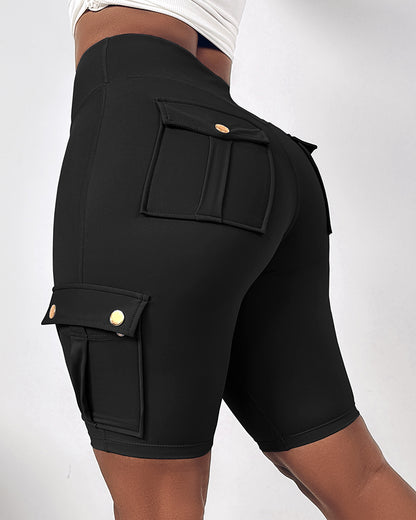 Tummy Control Butt Lifting Active Shorts High Waist Flap Pocket Workout Bermuda Cargo Running Shorts