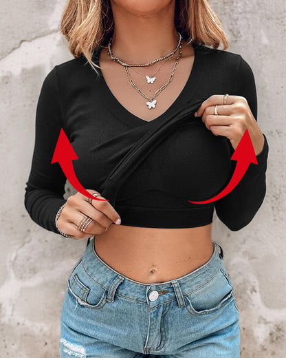 Women's V Neck Long Sleeve Ribbed Knit Top Slim Fit Base Layer Shirt Soft Stretchy Casual Tee with Built-in Bra