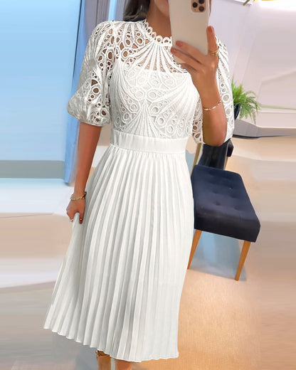 Stand Collar Puff Sleeve Lace Hollow-out Party Dress Zipper Back Pleated Dress