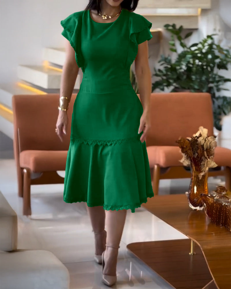 Butterfly Sleeve Hollow-out Back Shirred Work Dress Casual Cinched Waist Lace Trim Ruffle Hem Dress