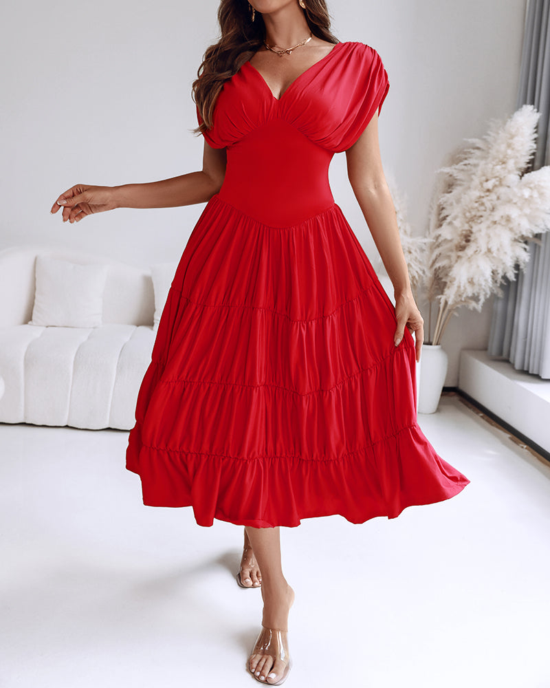 Textured V Neck Sleeveless Ruched Ruffles Hem Dress Casual Waist A Line Party Midi Dress