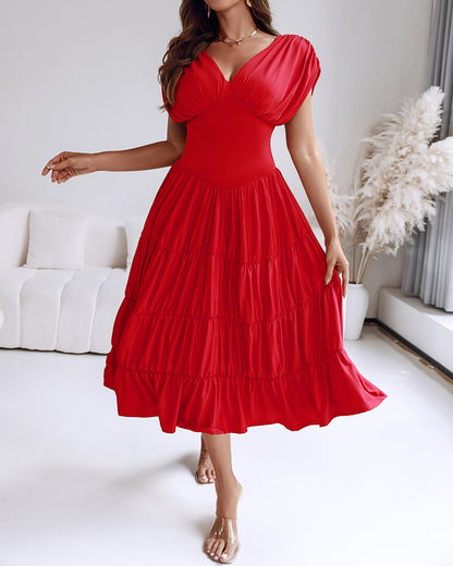 Textured V Neck Sleeveless Ruched Ruffles Hem Dress Casual Waist A Line Party Midi Dress
