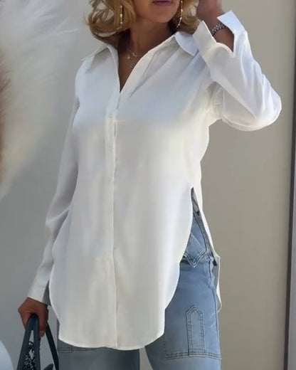Classic Plain Long Sleeve Blouse with Turn-down Collar Casual Button Front Slit Top