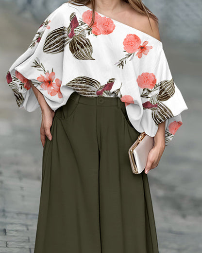 2 Pieces Outfit French Style Floral Print Skew Neck Batwing Sleeve Stretchy Hem Top and Zipper Fly Elastic Back Waist Wide Leg Pants Set Casual Loose Fit Set