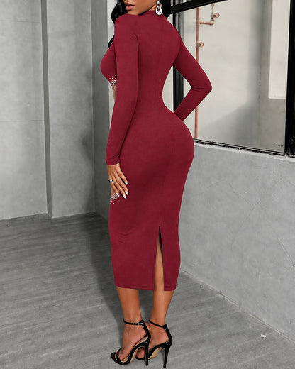 Damen-Midikleid mit durchsichtigem Netzstoff und Strasssteinen, Patchwork, langärmelig, Mock-Neck-Schlitzkleid