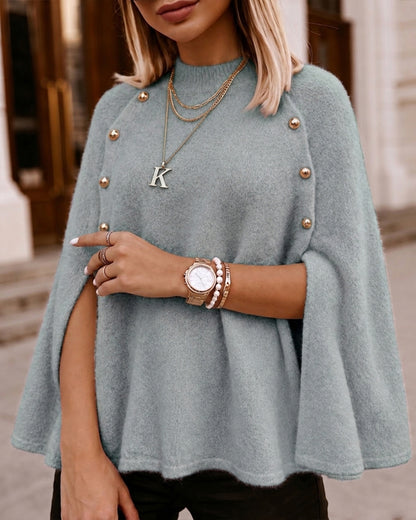 Suéter de punto holgado para mujer con cuello alto simulado, estilo «old money», capa, abertura lateral y mangas murciélago, cálido y acogedor para invierno