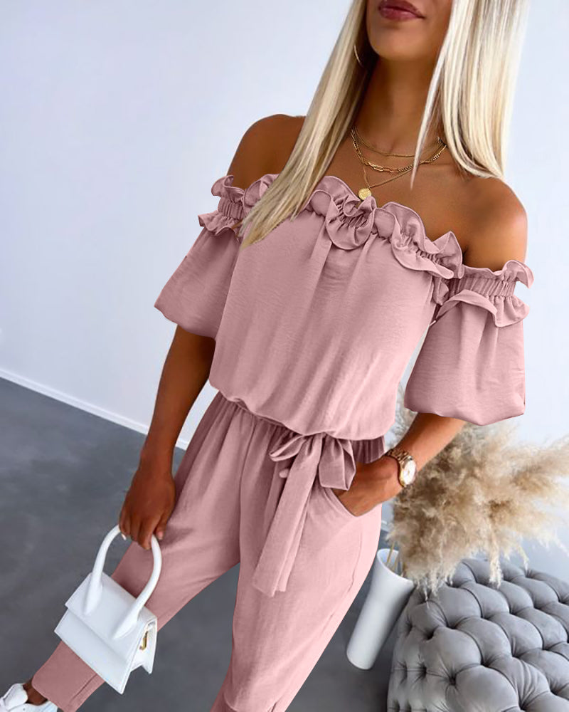 Off Shoulder Frill Hem Tied Detail Jumpsuit