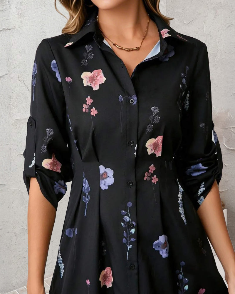 Watercolor Floral Print Turn-down Collar Turn-Up Sleeves Shirred Back Shirt Dress Casual Button Down Cinched Waist Asymmetrical Hem Vacation Dress