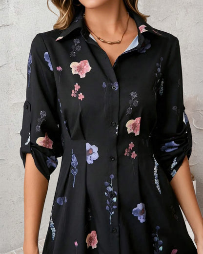 Watercolor Floral Print Turn-down Collar Turn-Up Sleeves Shirred Back Shirt Dress Casual Button Down Cinched Waist Asymmetrical Hem Vacation Dress