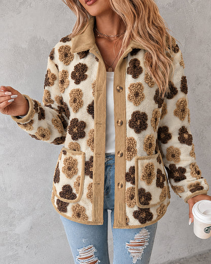 Women's 3D Faux Shearling Floral Jacket Corduroy Trim Button Down Fleece Coat
