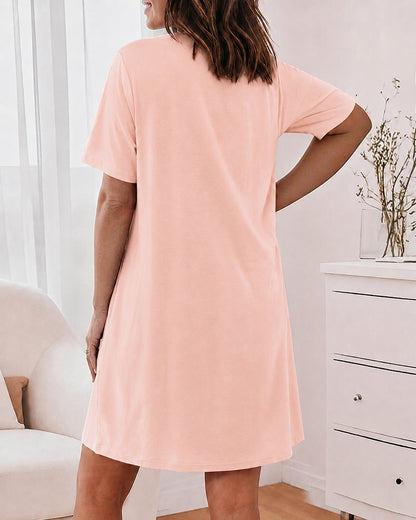 Women's Sleep Letter Print Short Sleeve Nightgown Casual Sleepwear Dress with Pockets