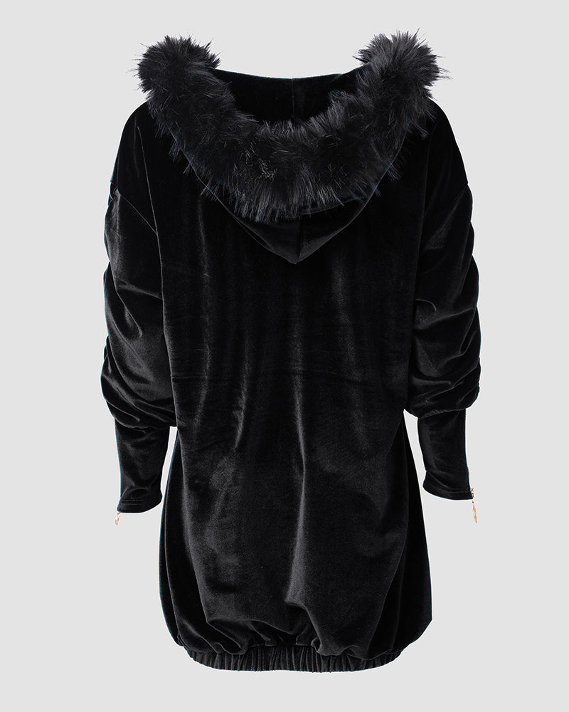 Velvet Fuzzy Trim Hooded Mini Dress Long Sleeve Zipper Design Sweatshirt Pullover Casual Dress