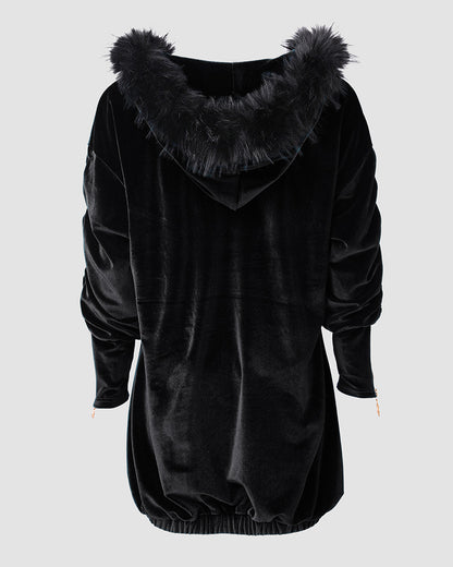 Velvet Fuzzy Trim Hooded Mini Dress Long Sleeve Zipper Design Sweatshirt Pullover Casual Dress