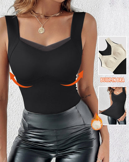 Sheer Mesh Spliced V Neck Sleeveless Built In Bra Tank Casual Warm Fleece Lined Slim Fit Top
