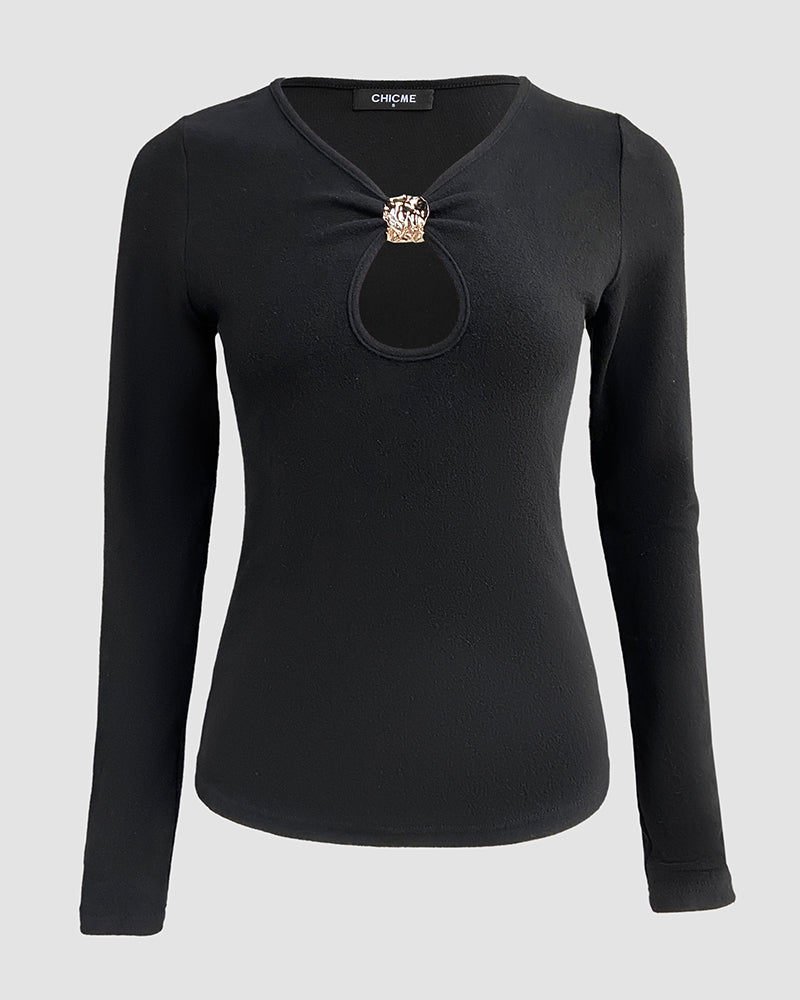 Metal Decor V-Neck Long Sleeve Sexy Hollow-out Slim Fit Top