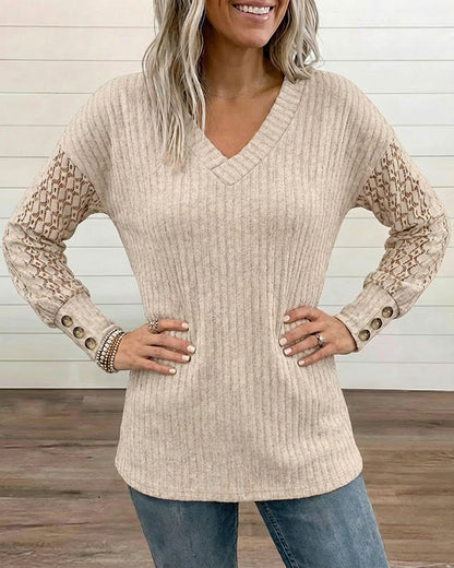 V-Neck Lace Spliced Long Sleeve Ribbed Tee Casual Button Decor Cuffs Knit Brushed Top