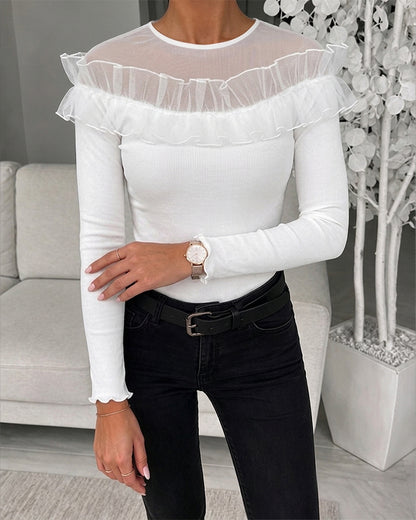 Women's Ruffle Sheer Mesh Spliced Long Sleeve Ribbed Knit Top
