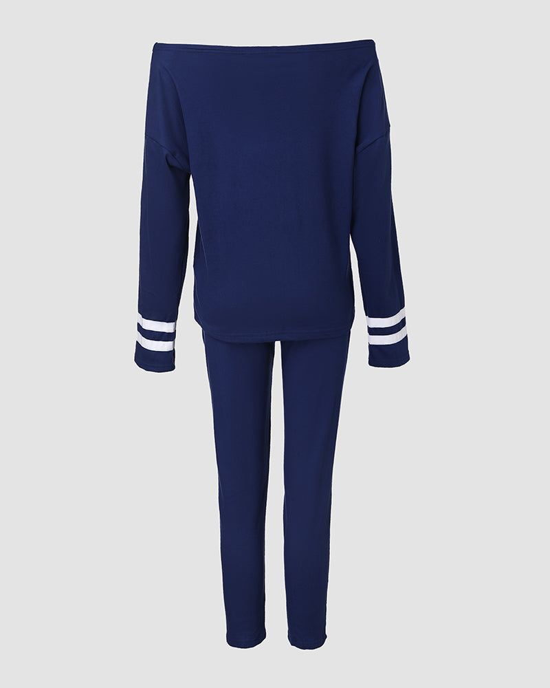 Anchor Print Striped Skew Neck Top & Pants Set