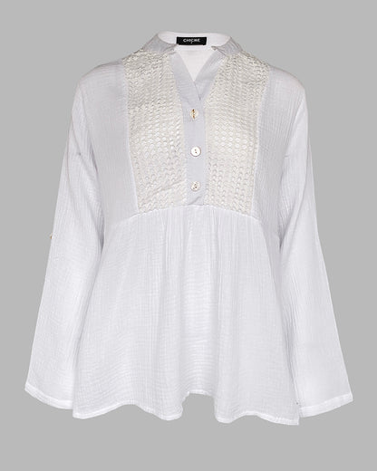 Notch Neck Roll Up Sleeve Lace Overlay Shirt Half Button Front Ruffle Hem Casual Top