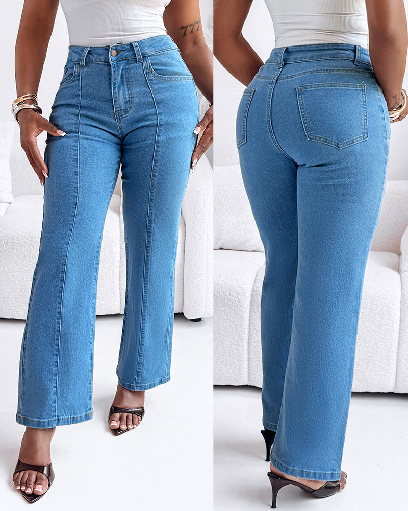 Seam Front High Wait Straight Leg Denim Pants Casual Zipper Fly Jeans