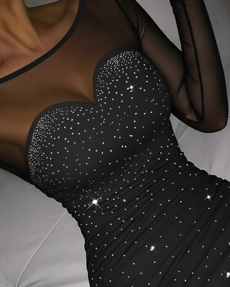 Rhinestone Decor Sweetheart Neck Sheer Mesh Spliced Mini Dress Mesh Long Sleeve Zipper Back Bodycon Dress