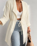 Women's Textured Drawstring Waist Lapel Coat Mid-length Roll Up Sleeve Button Front Trench Jacket