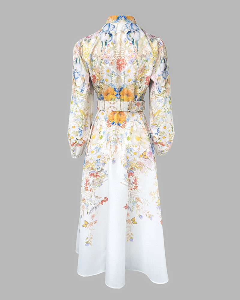 French Style Floral Print Stand Collar Lantern Sleeve Button Down Evening Dress Cinched Waist Vacation Dress with Belt