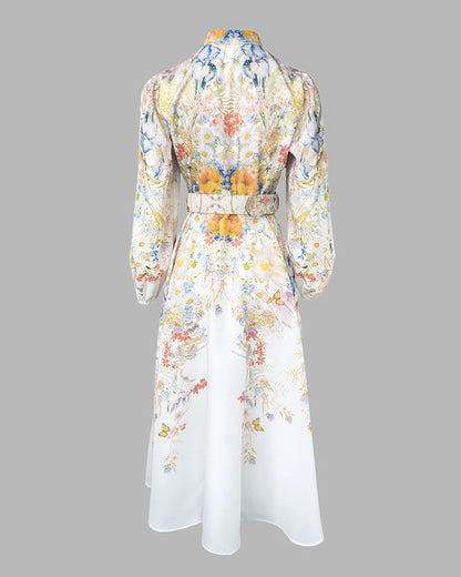 French Style Floral Print Stand Collar Lantern Sleeve Button Down Evening Dress Cinched Waist Vacation Dress with Belt