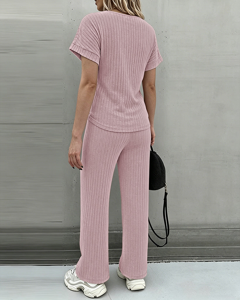 Women's 2 Piece Knit Set Lace Patchwork Short Sleeve Top and Wide Leg Pants Casual Ribbed Brushed Lounge Set
