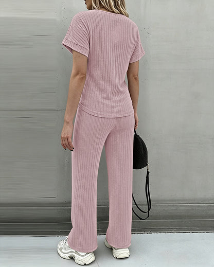 Women's 2 Piece Knit Set Lace Patchwork Short Sleeve Top and Wide Leg Pants Casual Ribbed Brushed Lounge Set
