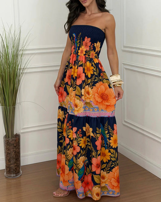 CHICME Women's Tropical Floral Print Bandeau Maxi Dress Shirred Ruffle Hem Vacation Dress with Pockets and Detachable Clear Straps